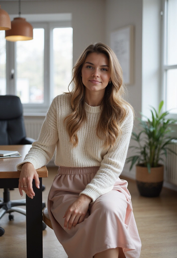 15 Work Outfits That'll Make You the Best-Dressed in the Office (Tip #8 Is a Game Changer!) - 11. Soft Sweater and Midi Skirt