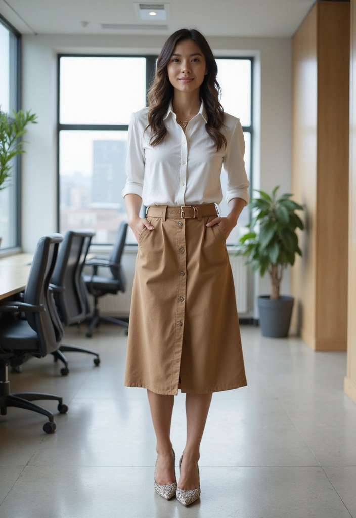 15 Work Outfits That'll Make You the Best-Dressed in the Office (Tip #8 Is a Game Changer!) - 9. Polished Button-Up Shirt and Skirt