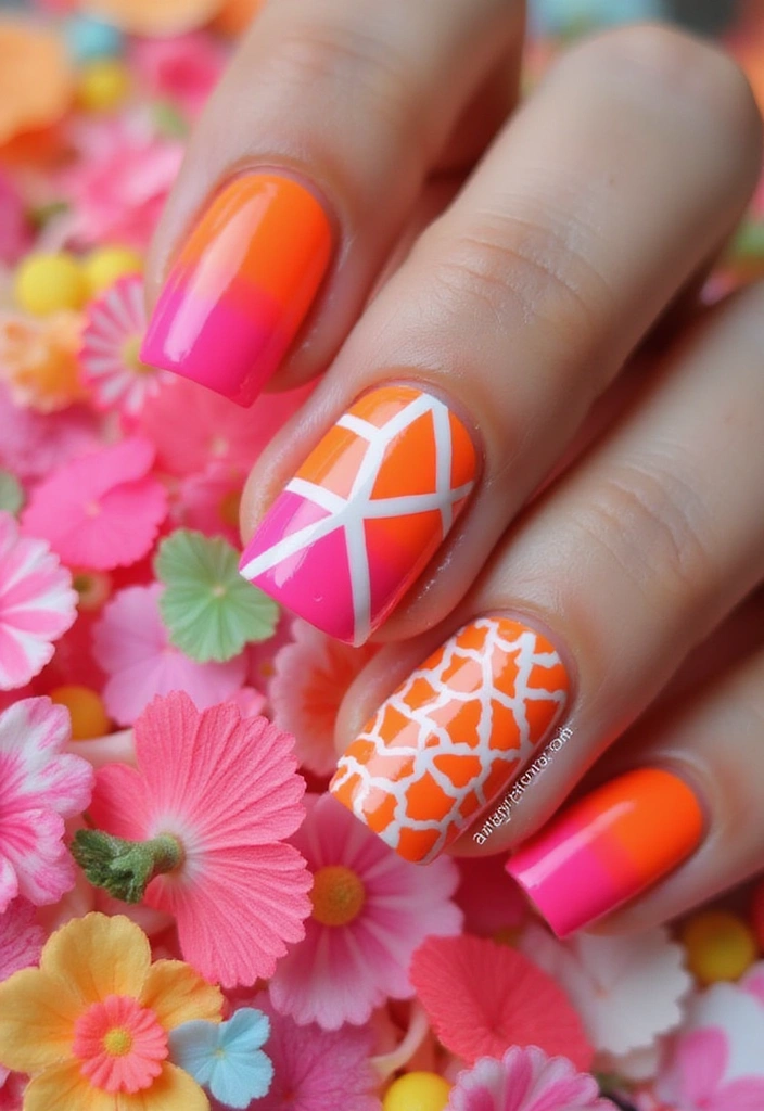 16 Gorgeous Ombre Spring Nail Ideas You Can’t Miss! - 12. Neon Pink to Orange Ombre