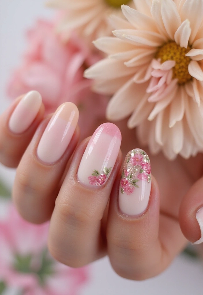 16 Gorgeous Ombre Spring Nail Ideas You Can’t Miss! - 6. Peach to Pink Ombre with Floral Accents