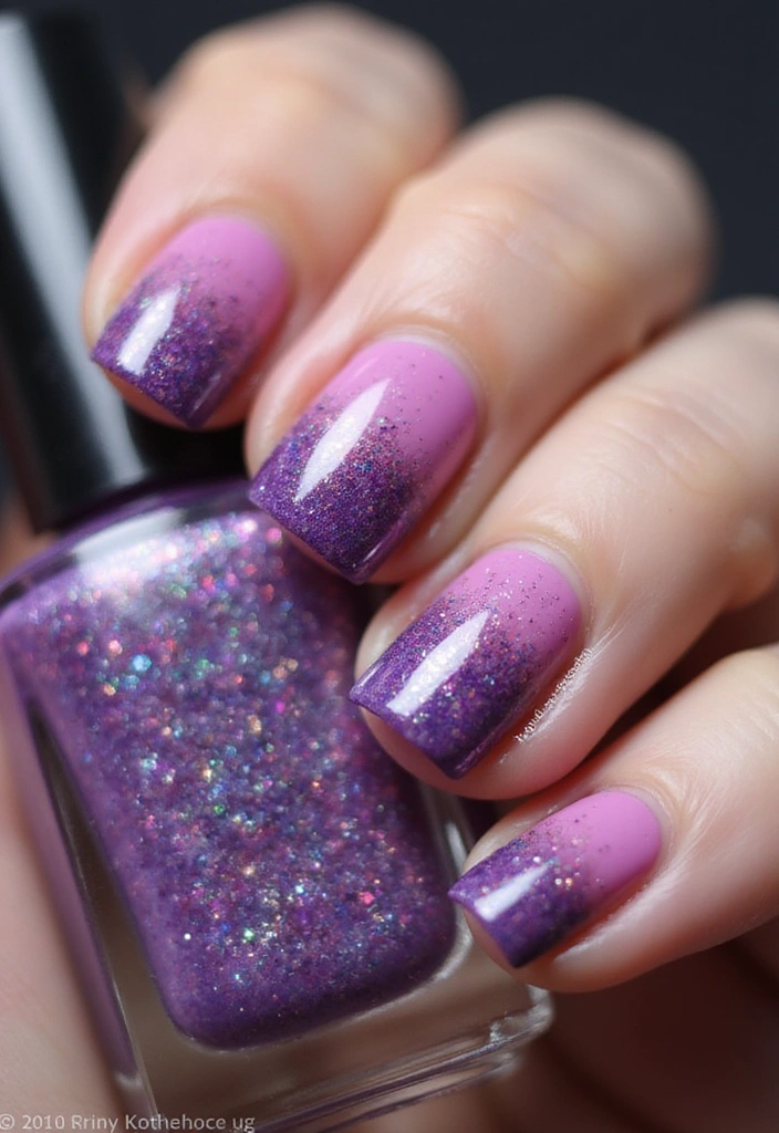 16 Gorgeous Ombre Spring Nail Ideas You Can’t Miss! - 7. Purple to Pink Ombre with Glitter