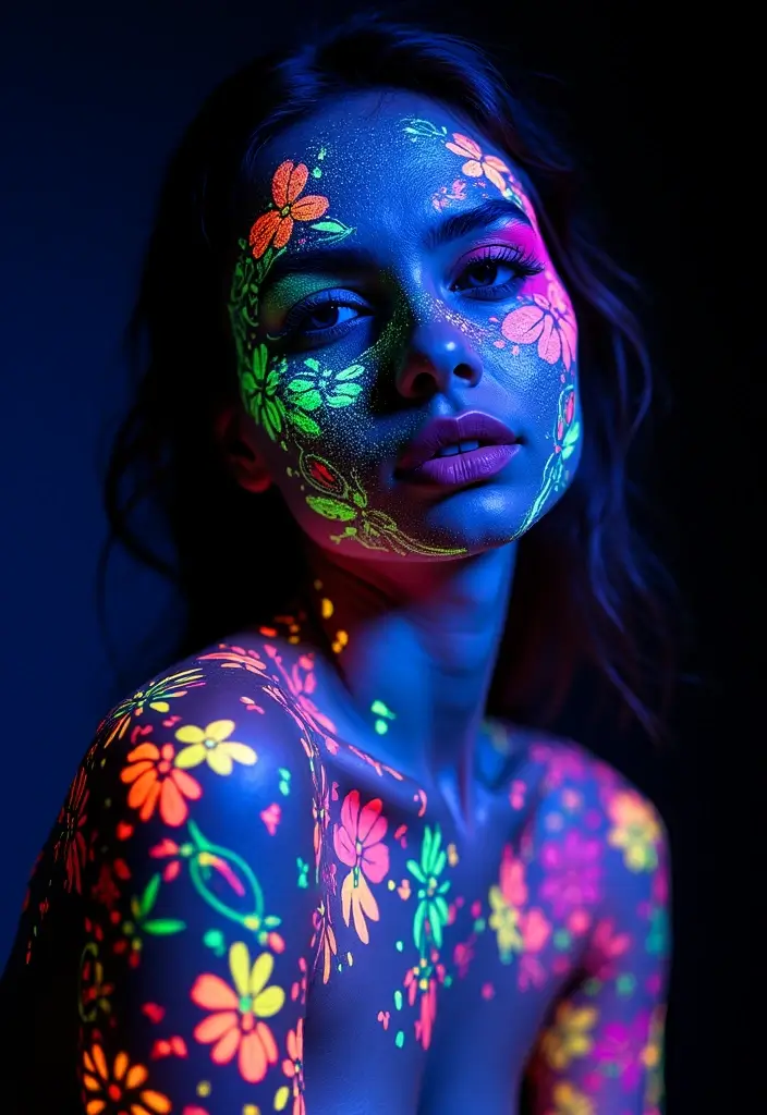 14 Festival-Ready New Wave Makeup Ideas That Look UV-Beautiful (#9 Is a Glow Bomb!) - 3. UV Glow Queen