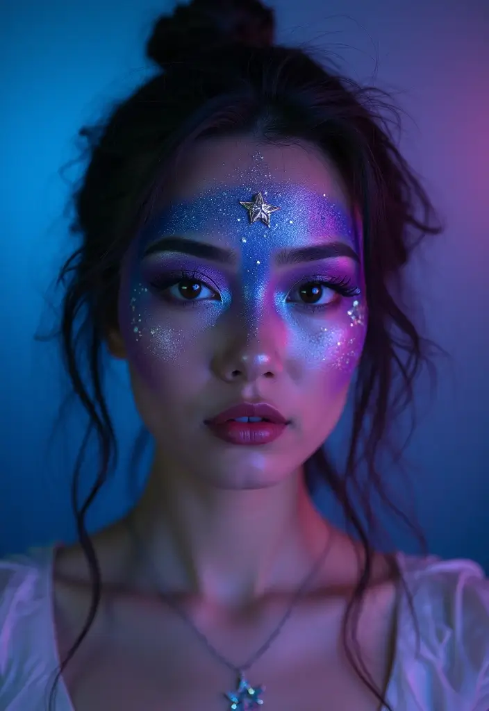 14 Festival-Ready New Wave Makeup Ideas That Look UV-Beautiful (#9 Is a Glow Bomb!) - 4. Cosmic Glitter Explosion