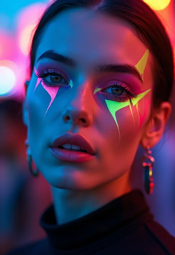 14 Festival-Ready New Wave Makeup Ideas That Look UV-Beautiful (#9 Is a Glow Bomb!) - 6. Futuristic Neon Lines