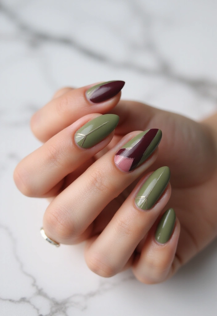 15 Fall Nails That Nail Autumn Color Palettes: Burgundy, Mustard, and Olive Vibes (You Won't Believe #7!) - 10. Olive and Burgundy Geometric Art