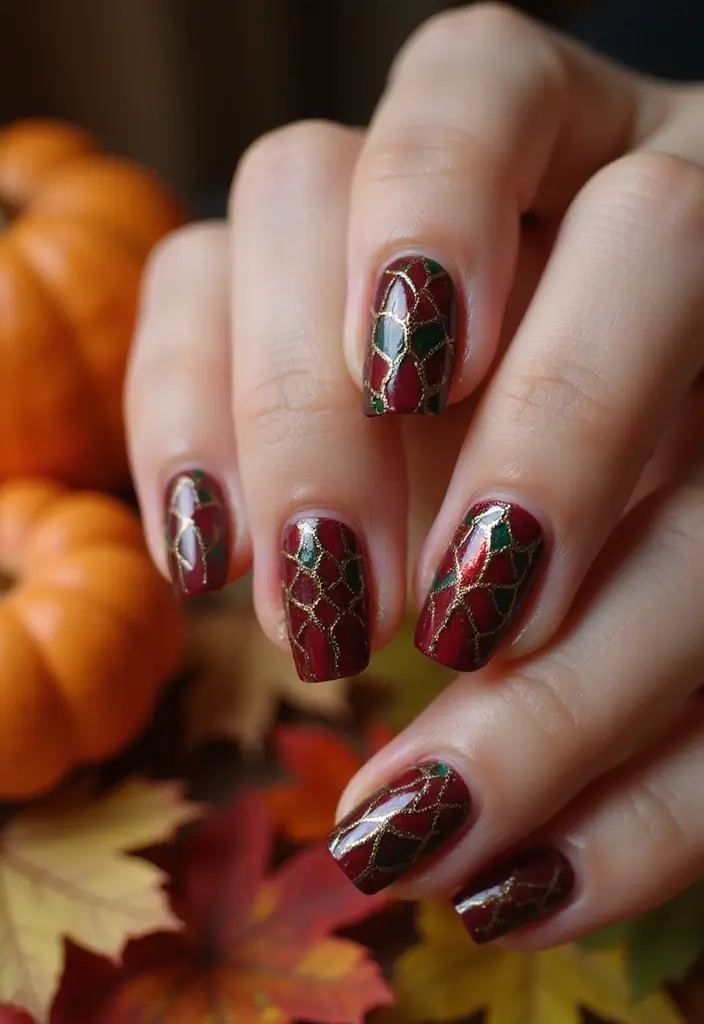 15 Fall Nails That Nail Autumn Color Palettes: Burgundy, Mustard, and Olive Vibes (You Won't Believe #7!) - 12. Burgundy Stained Glass