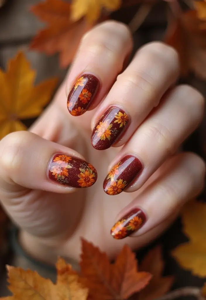15 Fall Nails That Nail Autumn Color Palettes: Burgundy, Mustard, and Olive Vibes (You Won't Believe #7!) - 15. Fall Floral Patterns