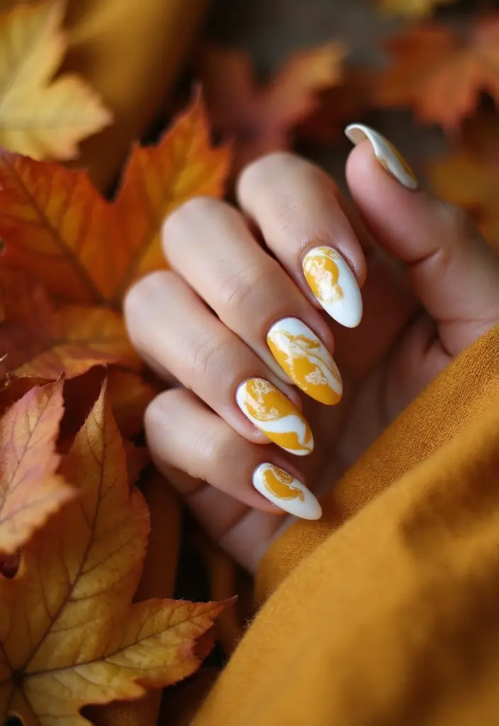15 Fall Nails That Nail Autumn Color Palettes: Burgundy, Mustard, and Olive Vibes (You Won't Believe #7!) - 9. Mustard Marbled Nails