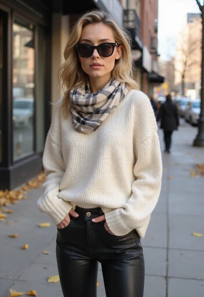 17 Street Style Fall Outfits That Slay the City (Edgy Vibes and City Chic Looks!) - 1. Oversized Knit Sweater & Leather Leggings