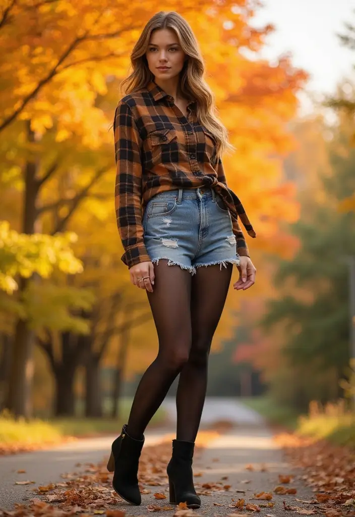 17 Street Style Fall Outfits That Slay the City (Edgy Vibes and City Chic Looks!) - 10. Flannel Shirt & High-Waisted Shorts