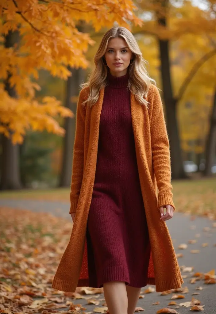 17 Street Style Fall Outfits That Slay the City (Edgy Vibes and City Chic Looks!) - 11. Long Cardigan & Sweater Dress