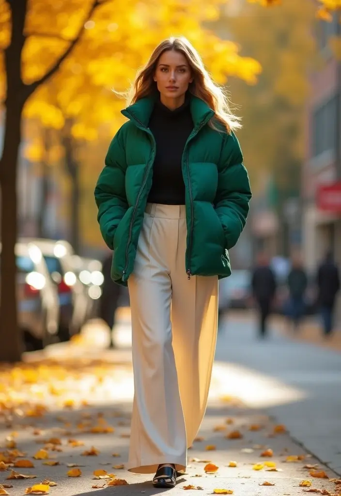 17 Street Style Fall Outfits That Slay the City (Edgy Vibes and City Chic Looks!) - 13. Puffer Jacket & Wide-Leg Trousers