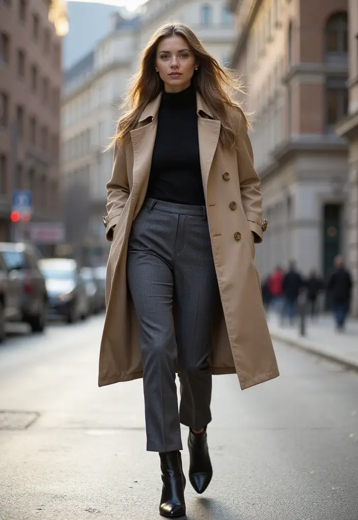 17 Street Style Fall Outfits That Slay the City (Edgy Vibes and City Chic Looks!) - 14. Classic Trench & Turtleneck