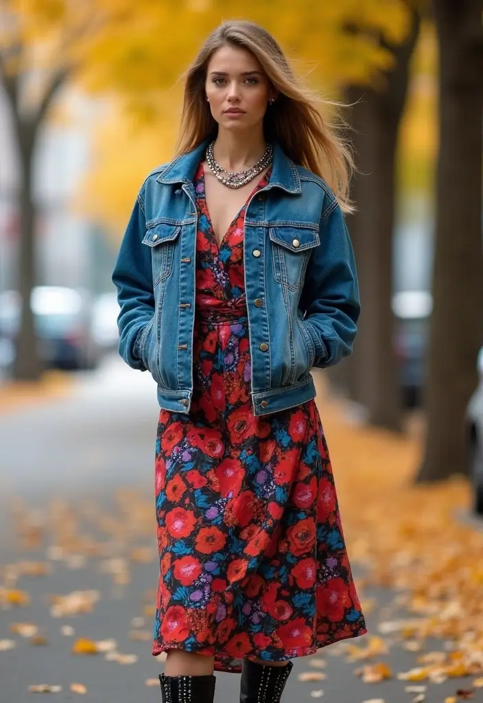 17 Street Style Fall Outfits That Slay the City (Edgy Vibes and City Chic Looks!) - 2. Edgy Denim Jacket & Midi Dress
