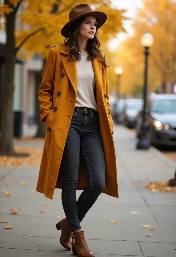 17 Street Style Fall Outfits That Slay the City (Edgy Vibes and City Chic Looks!) - 3. Statement Coat & Skinny Jeans