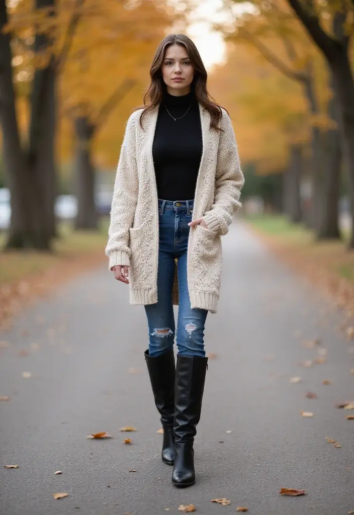 17 Street Style Fall Outfits That Slay the City (Edgy Vibes and City Chic Looks!) - 5. Layered Look with Turtleneck & Chunky Cardigan