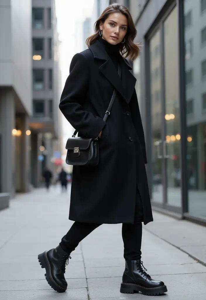 17 Street Style Fall Outfits That Slay the City (Edgy Vibes and City Chic Looks!) - 7. Monochrome Look with Chunky Shoes